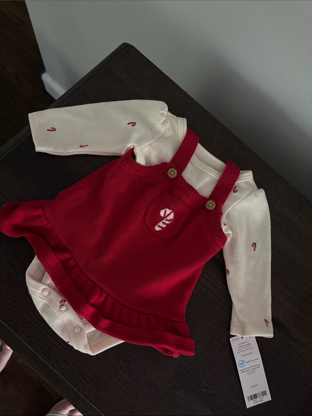 Carter's Red Knit Dress & Cream Bodysuit Set with Candy Cane Motif